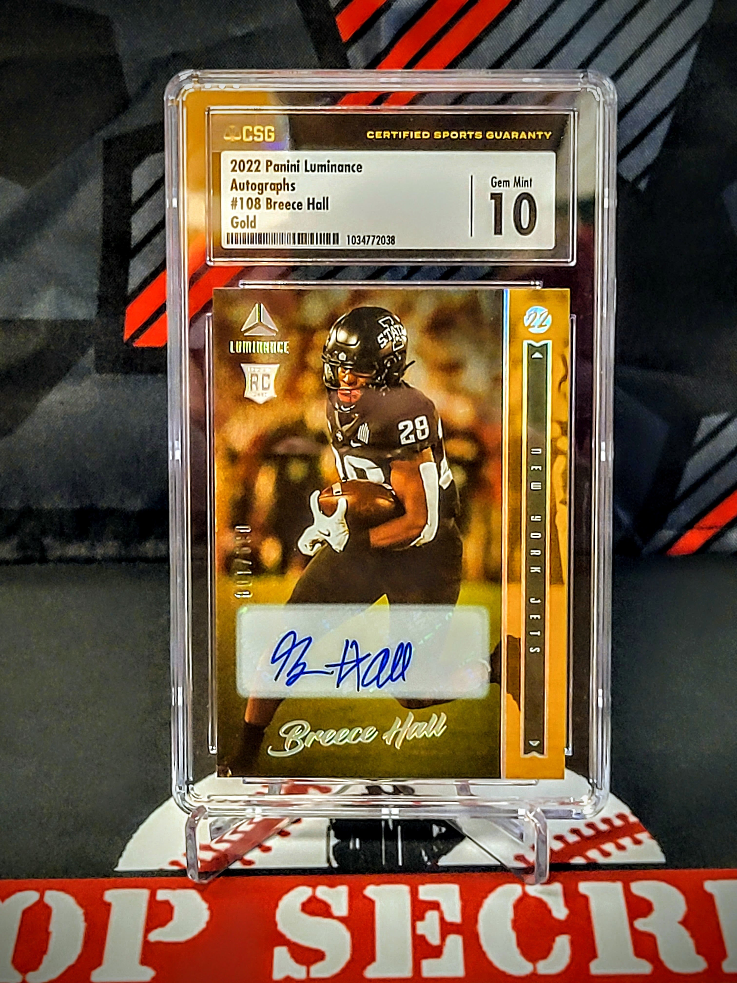 Breece Hall Jets Luminance #108 Gold /100 RC Auto Graded - CSG 10 image 0
