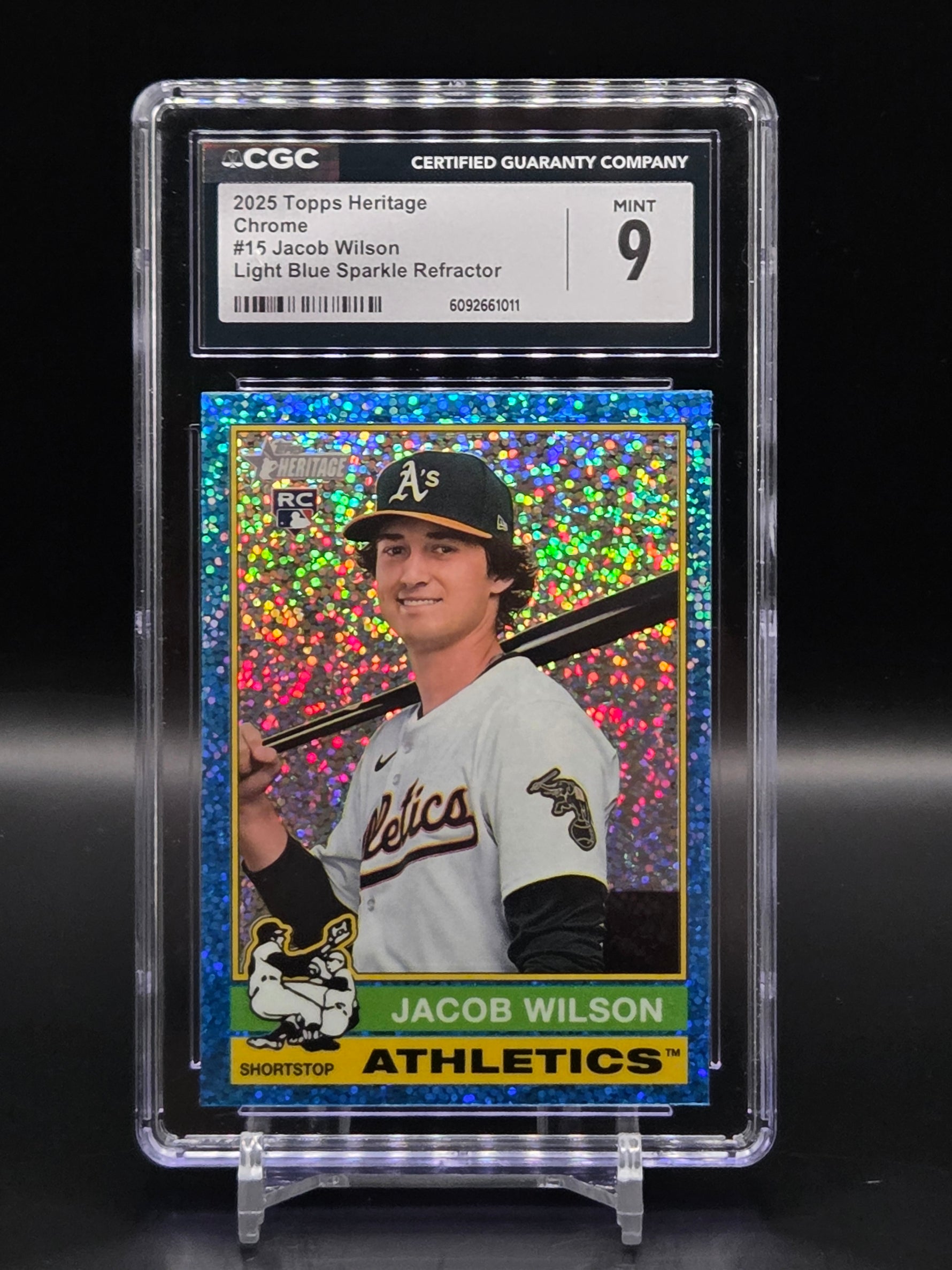 Jacob Wilson 2025 Topps Heritage Chrome Light Blue Sparkle #15 Athletics: CGC 9 image 0