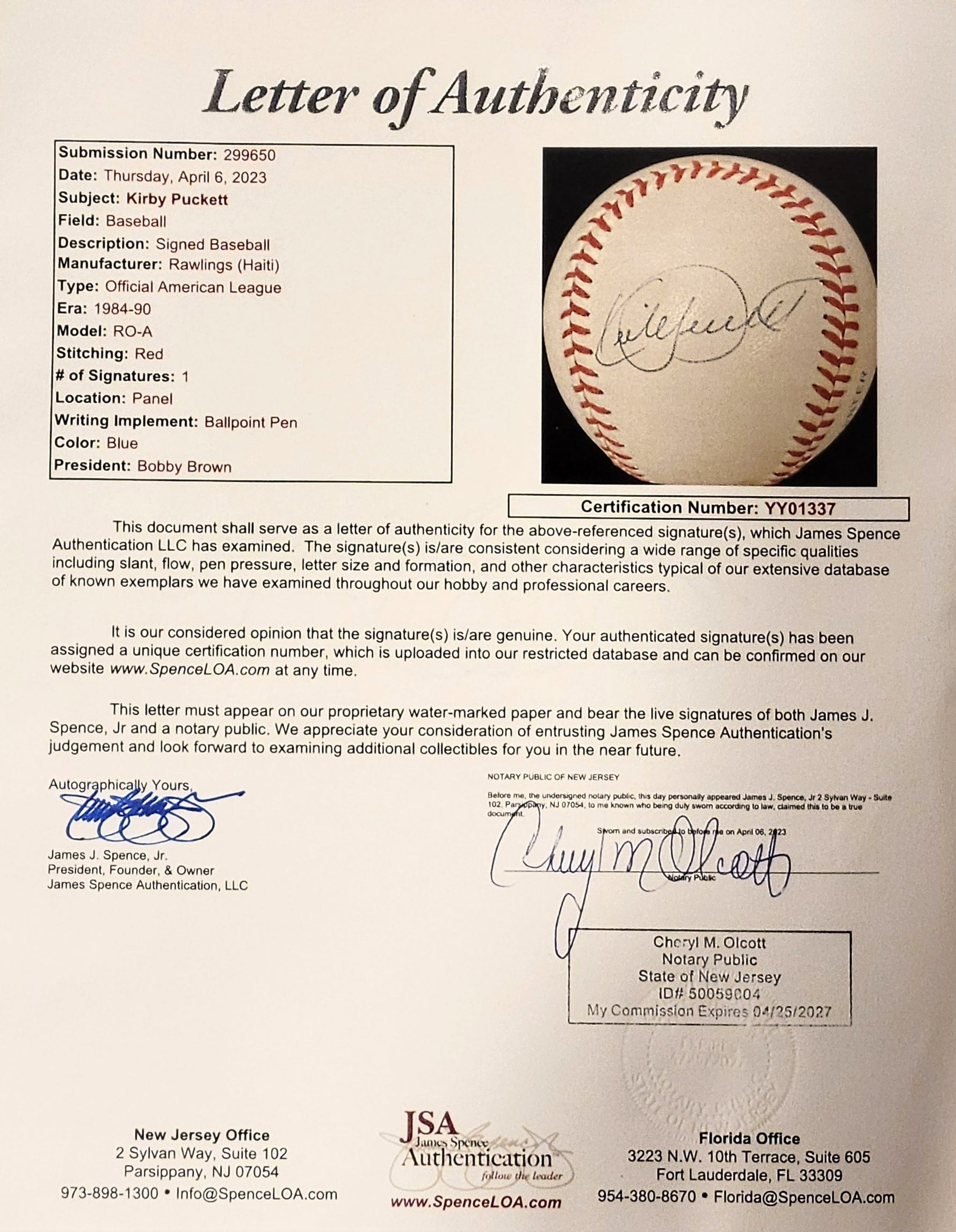 Kirby Puckett Twins Auto/Signed OMLB Baseball - JSA LOA image 1