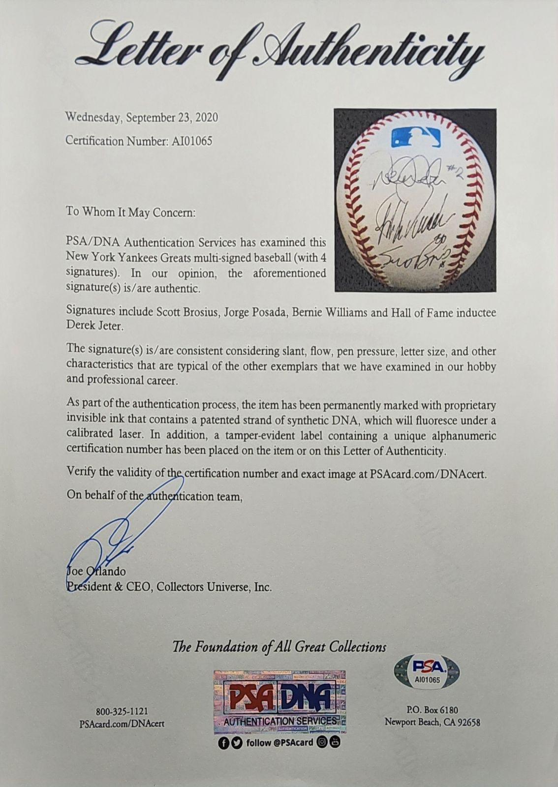 1998 Yankees Team signed OMLB with - Jeter, Posada, Williams, Brosius image 2