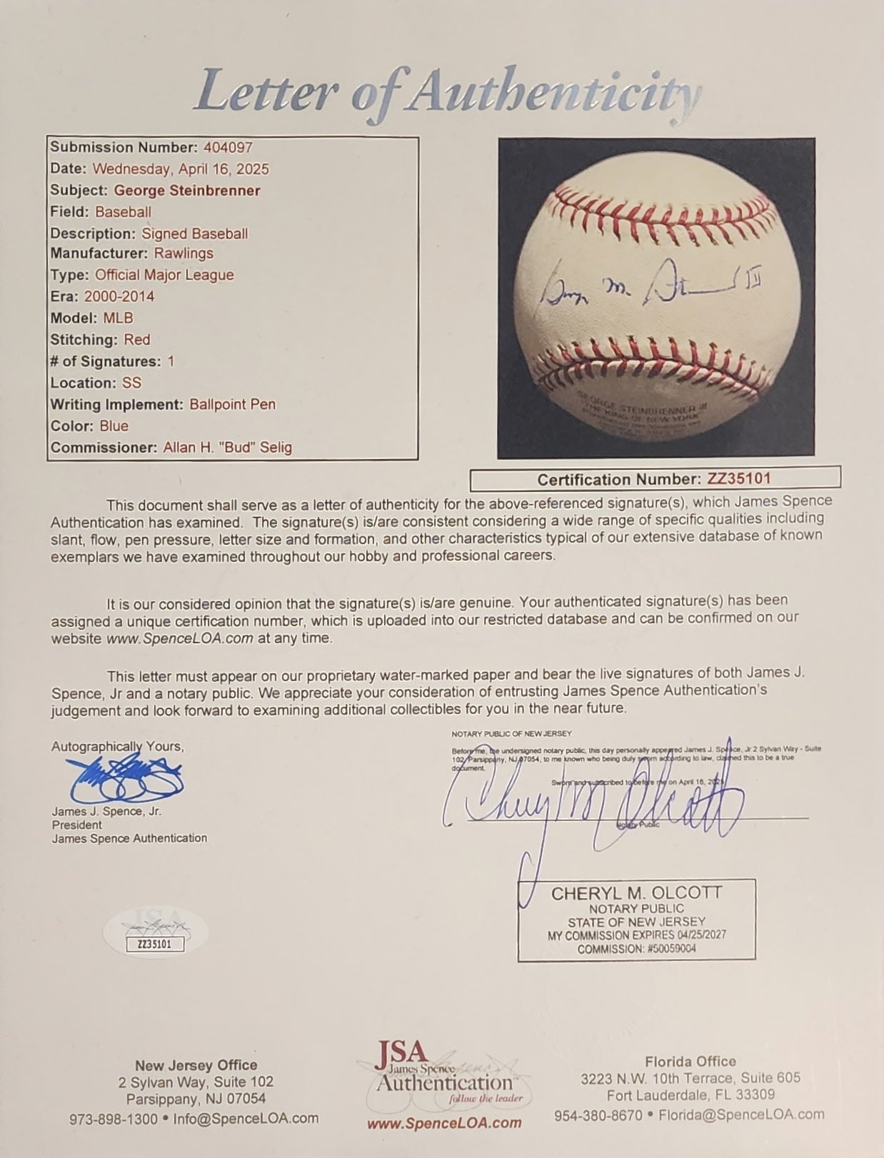 George Steinbrenner Signed Laser Etched L.E. 1/1 baseball - NY Yankees JSA LOA image 1