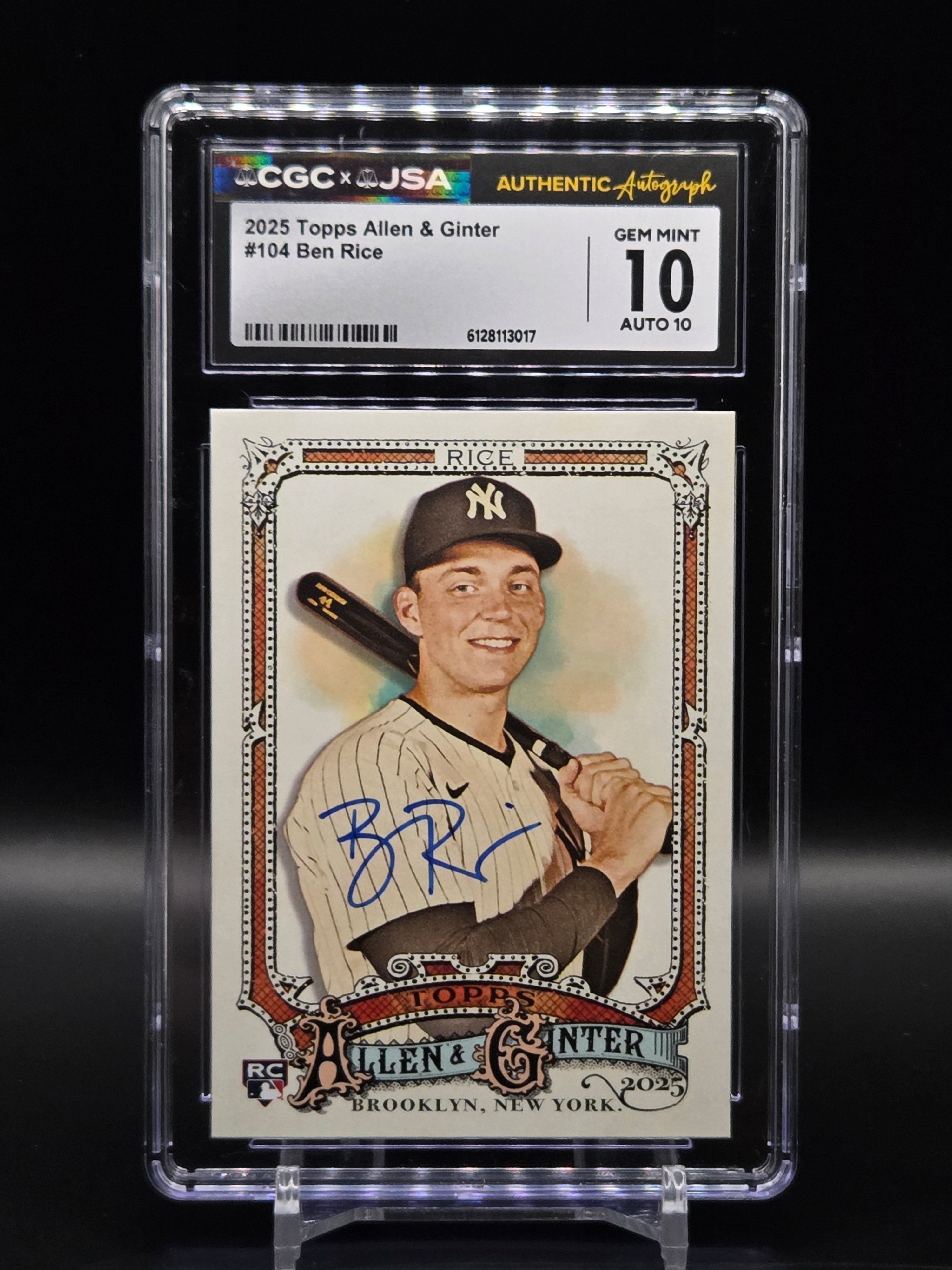 Ben Rice RC AUTO NY Yankees 2025 Allen & Ginter #104 - Graded CGC 10 JSA AUTO 10