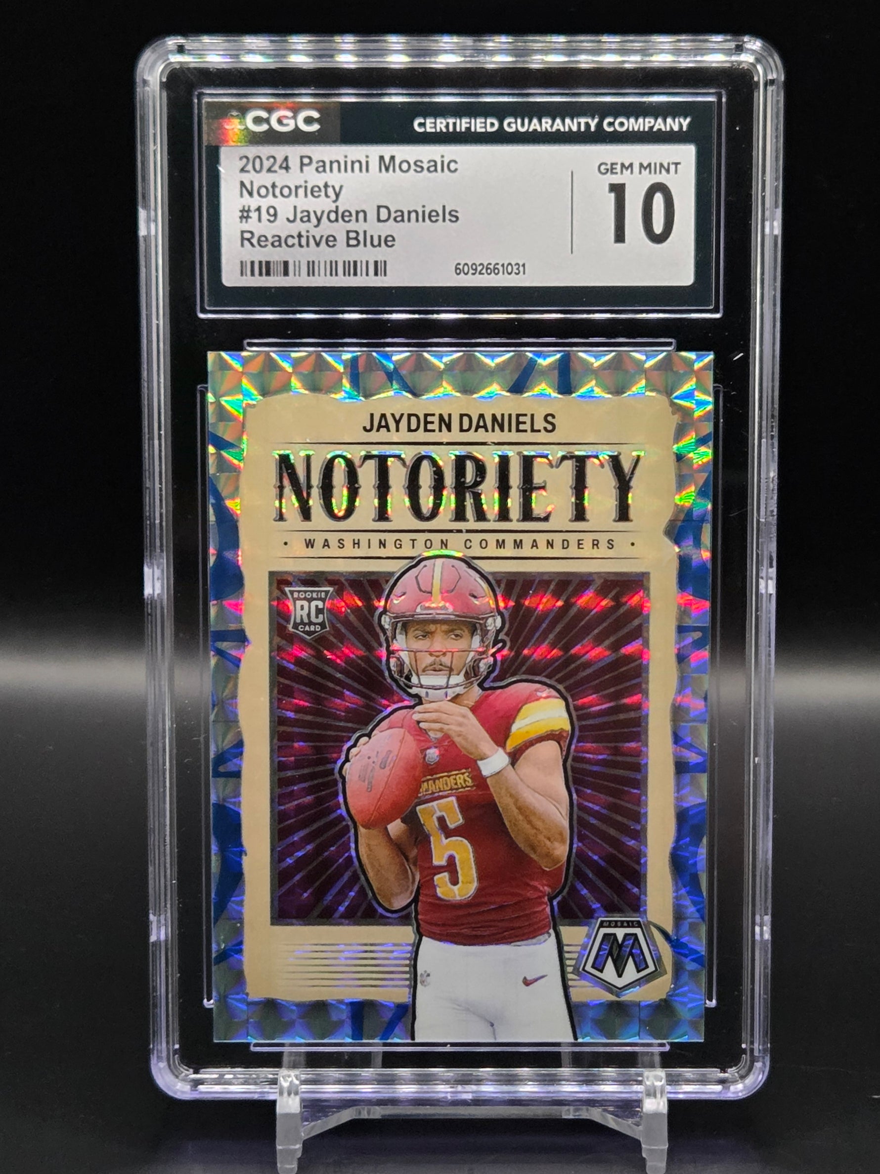 Jayden Daniels 2024 Mosaic Notoriety RC #19 Reactive Blue /99 Commanders: CGC 10 image 0