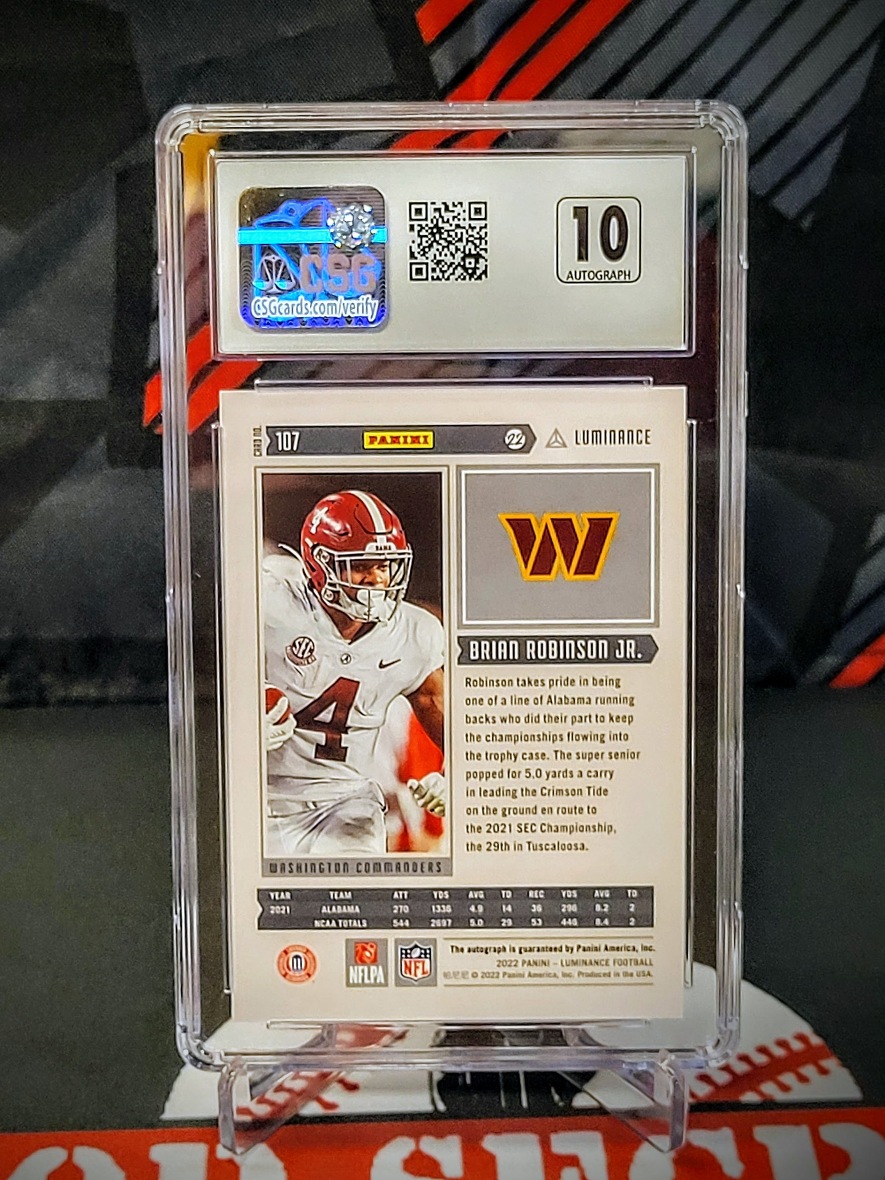Brian Robinson Jr. Commanders Luminance #107 RC Auto /349 Graded - CSG 10 image 1