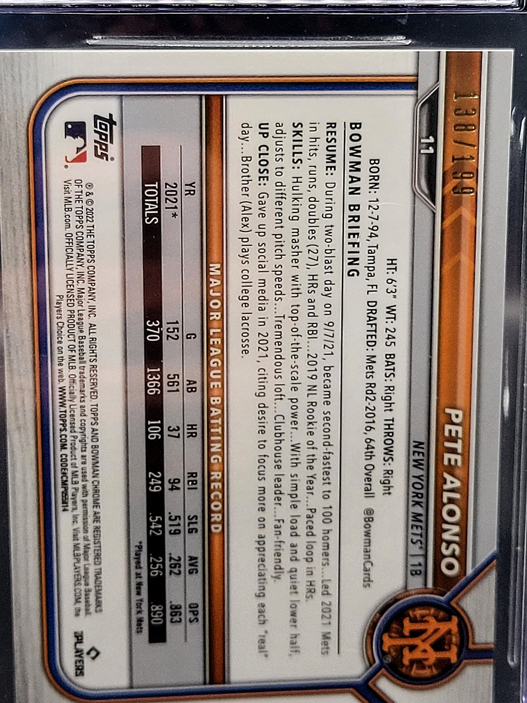 Pete Alonso Mets 2022 Bowman Chrome #11 Aqua RayWave Refractor /199 Graded CSG 9 image 1