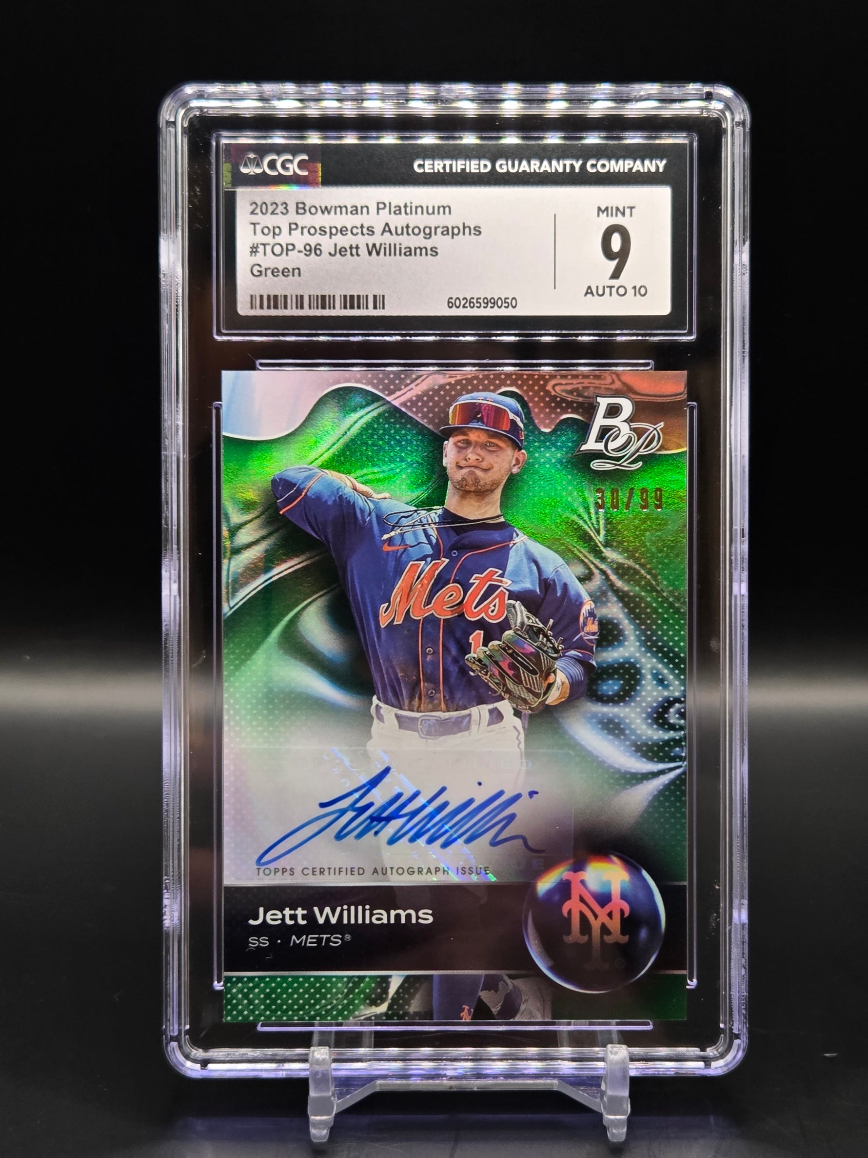 Jett Williams NY Mets 2023 Bowman Platinum AUTO Green /99 #TOP-96 - Graded 9 image 0