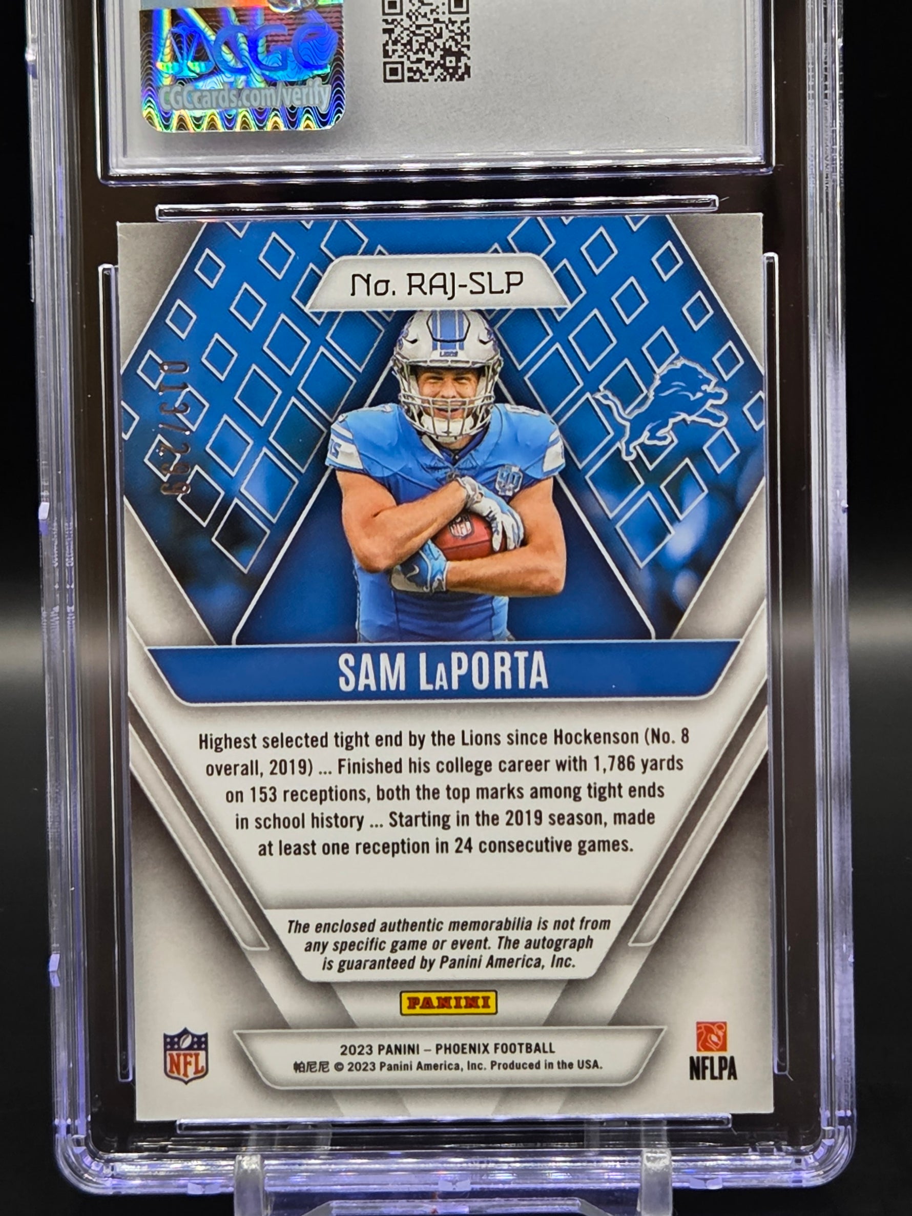 Sam LaPorta RPA Lions 2023 Phoenix #RAJ-SLP /299 - Graded CGC 8 image 1