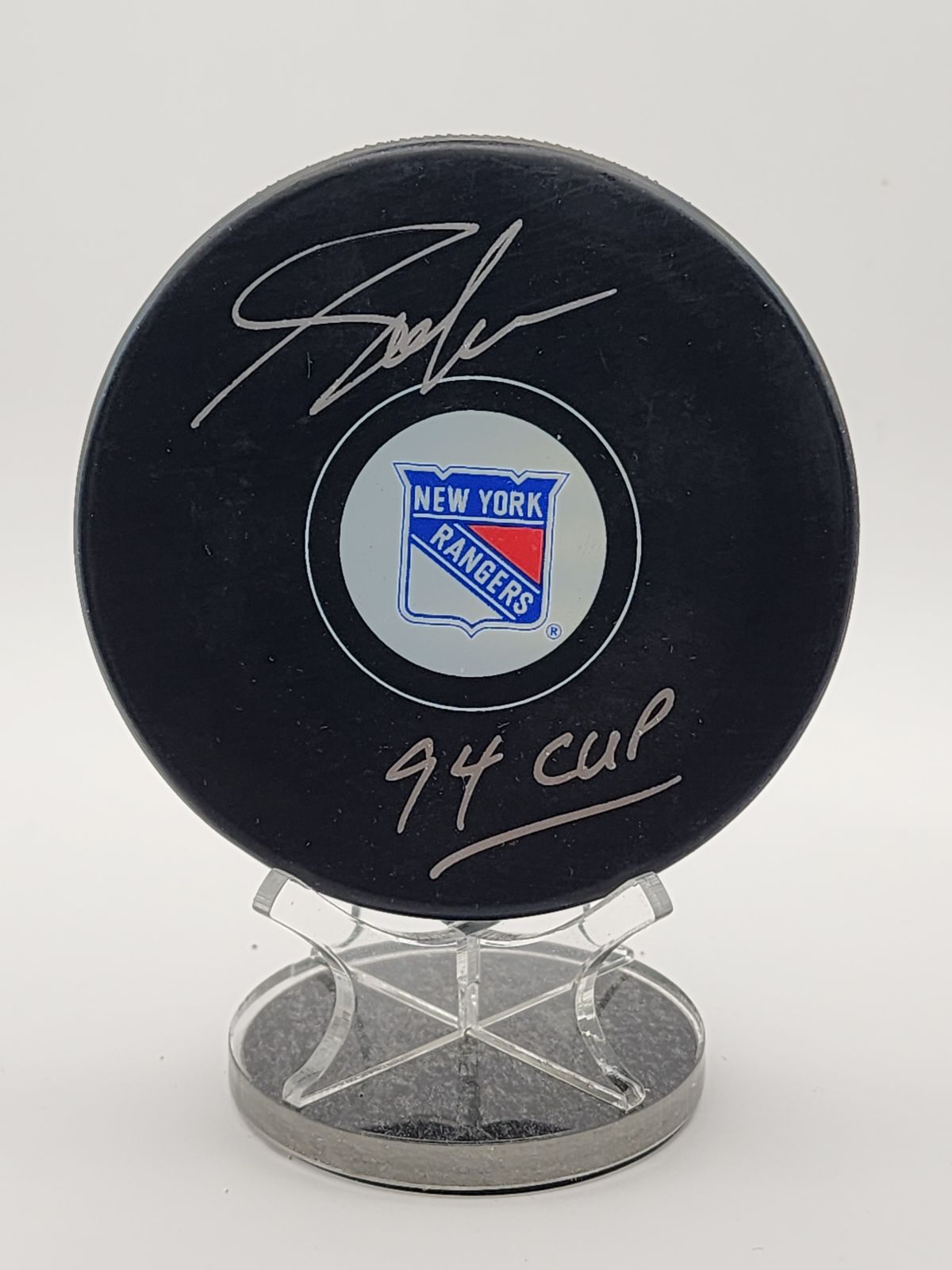 Adam Graves Signed NY Rangers Logo Puck with '94 Cup Inscription - Steiner COA image 0